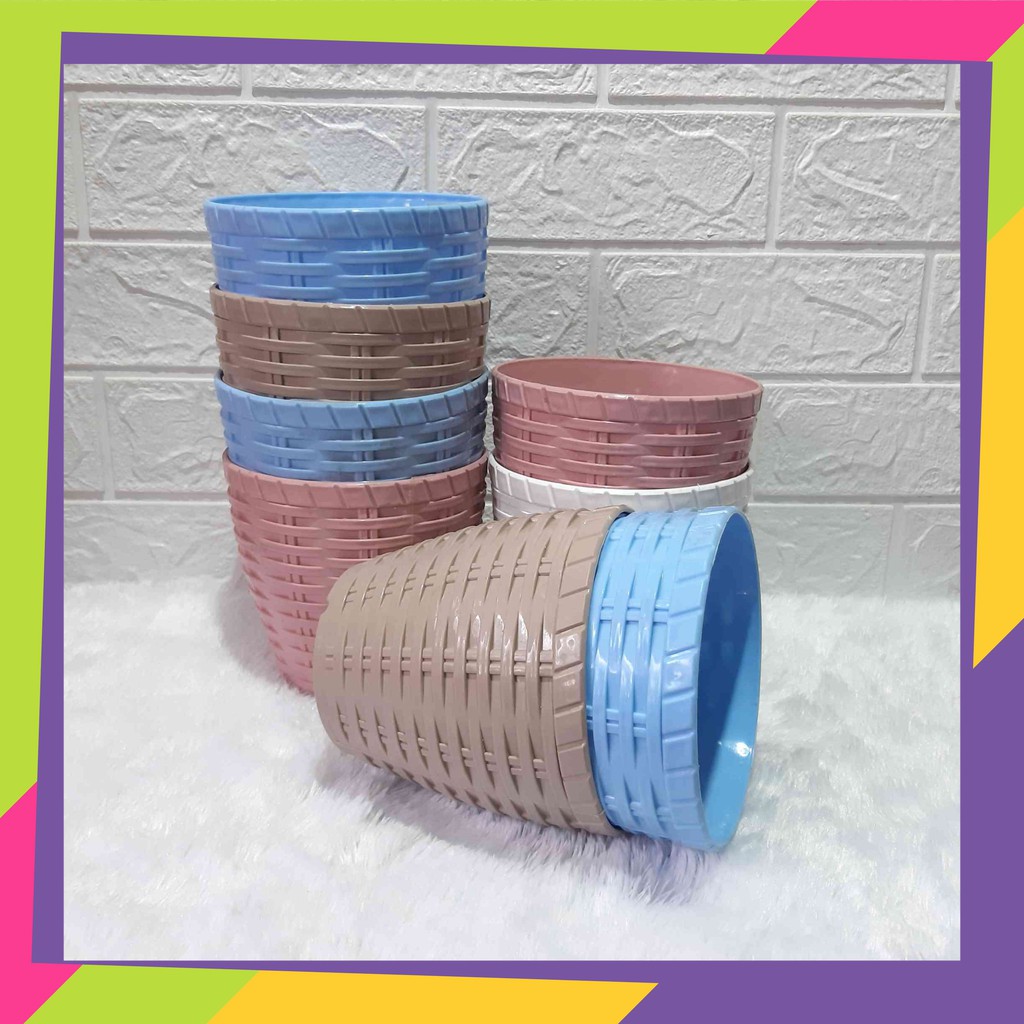 1092D1 / Pot bunga plastik warna anyaman bambu / Pot tanaman hias