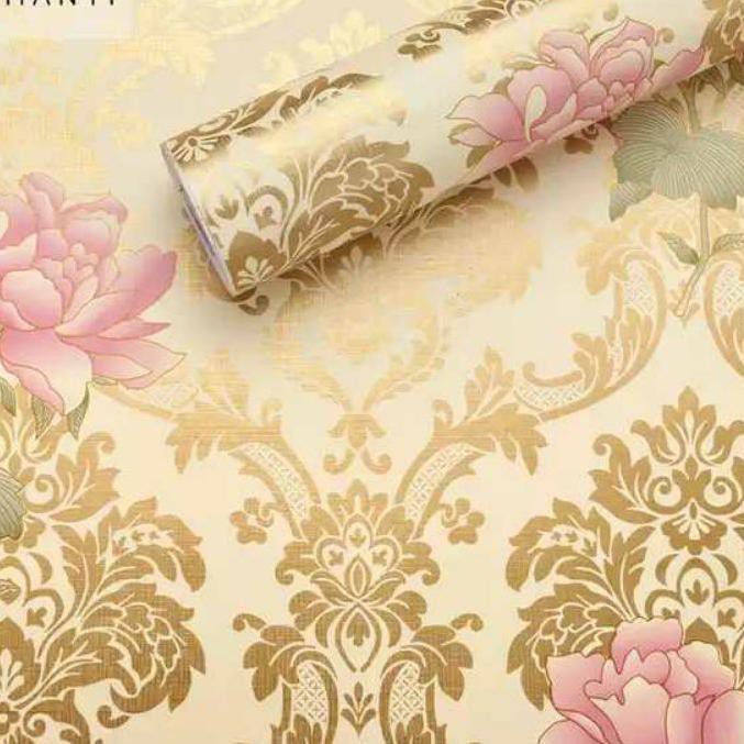 DEOS WALLPAPER STICKER DINDING BATIK GOLD BUNGA PINK