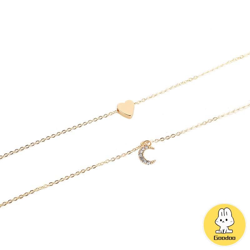 Kalung Rantai Multilayer Dengan Liontin Hati Dan Bulan Untuk Wanita -Doo