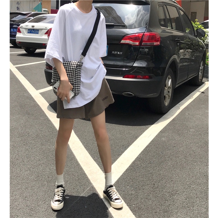 #Sisjuly# Fashion Wanita Leher Bulat Warna Solid Hem Split Lengan Pendek T-shirt Wanita Musim Panas