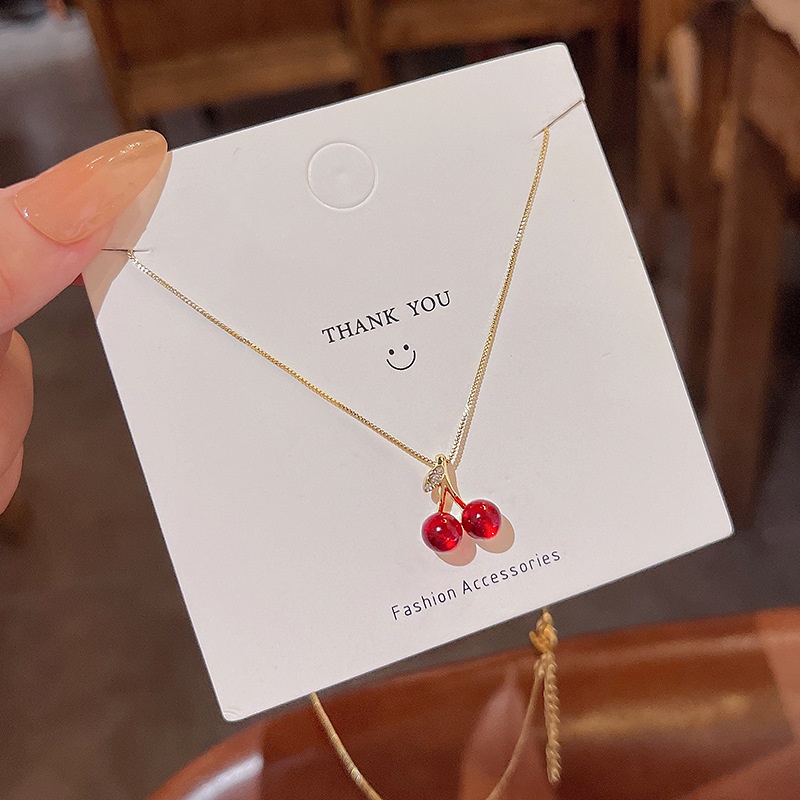 Kalung Rantai Klavikula Desain Cherry Warna Merah Gaya Korea Untuk Wanita