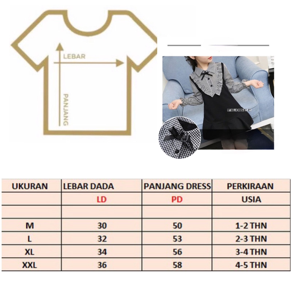 FILOBEE-DRESS ANAK PEREMPUAN/LENGAN PANJANG/KOTAK KOMBINASI/PITA (1-5TAHUN)