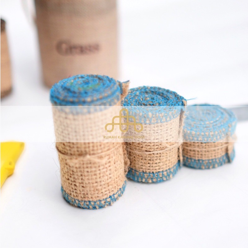 Pita Goni Obras Biru 7x115 CM - Burlap Jute Lace - Natural Home Decoration