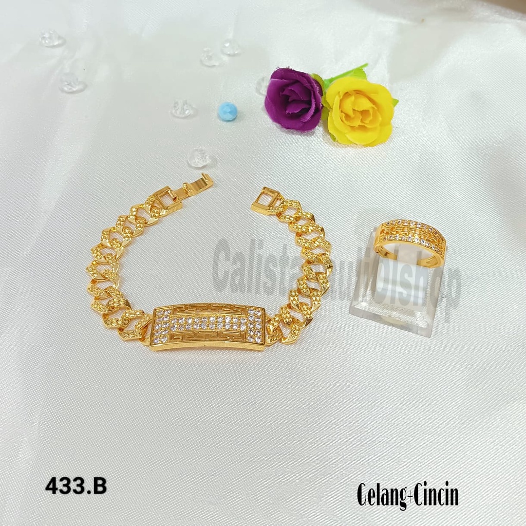 GELANG+CINCIN KOTAK PINGGIR PERMATA SUPEL ELEGAN PERHIASAN EMAS KOREA ANTI KARAT DAN ANTI LUNTUR