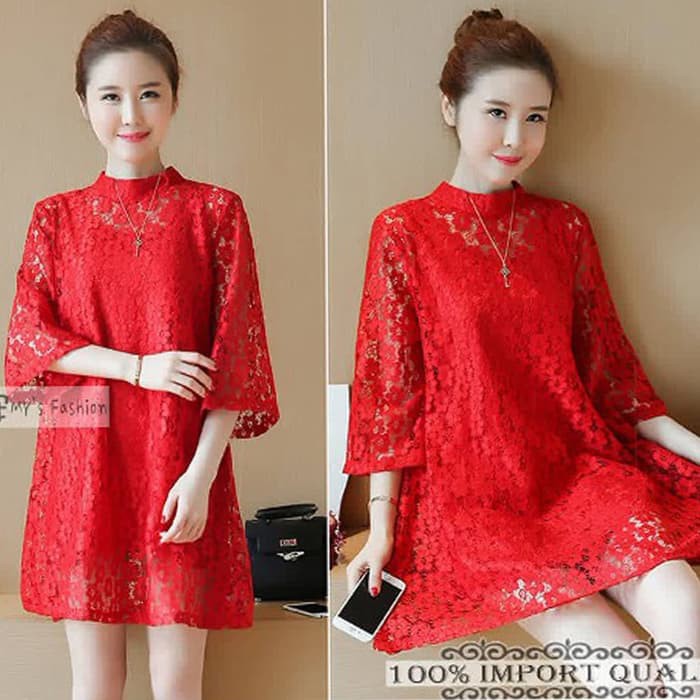 TUNIK BROKAT MERAH ATASAN WANITA TERBARU     Terusan