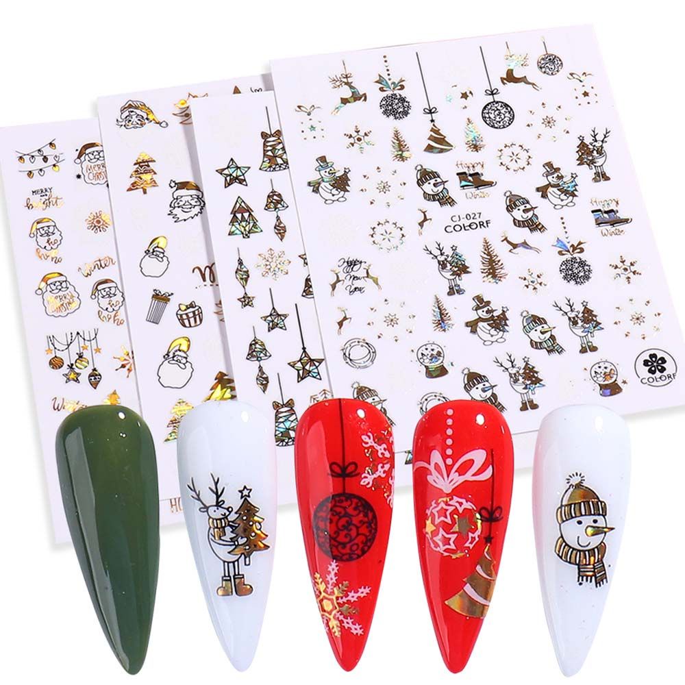 Mxbeauty Stiker Laser Holografik 3d Motif Kartun Santa Snowman Snowflake Rusa Natal Warna Emas Untuk Dekorasi Nail Art