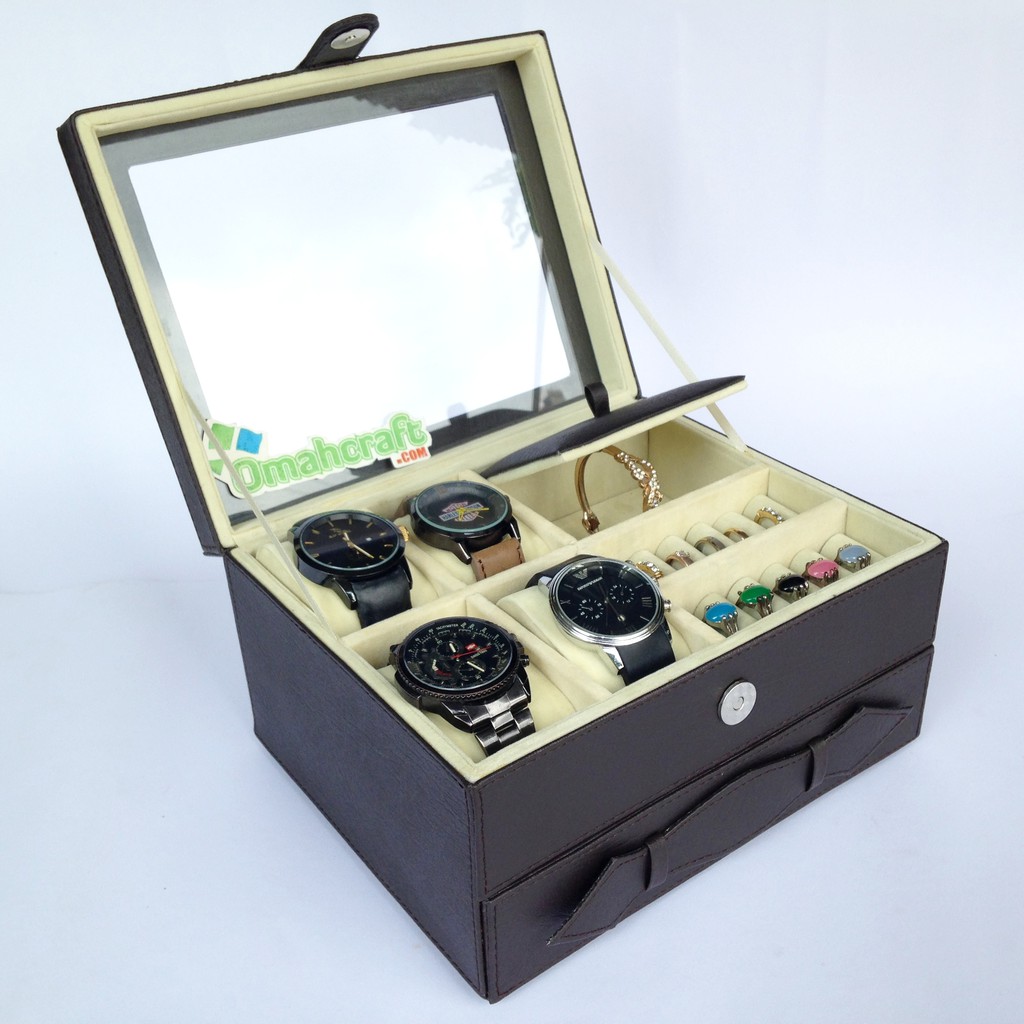 SIZE JUMBO - Box Jam Tangan isi 4 + Tempat Perhiasan dan Aksesoris / Jewelry Box COKELAT CREM