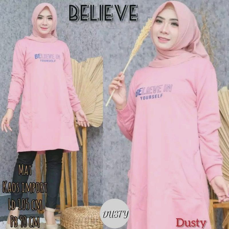 JF Tunik Kaos Wanita Lengan Panjang Dewasa Terbaru Babyterry BELIEVE IN