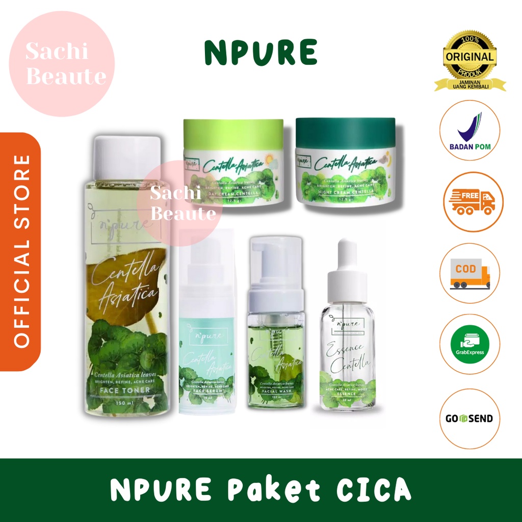 NPURE Paket Cica (Wash,Toner, Essence,Day Cream, Night Cream, Primer Serum)