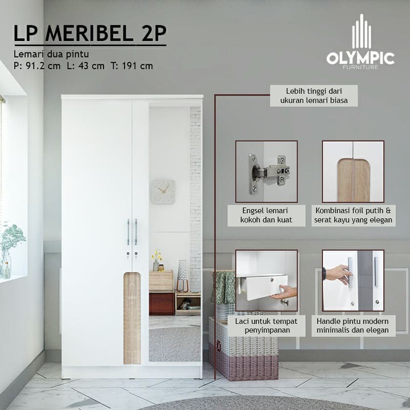 Lemari Pakaian Kayu 2 Pintu | Meribel 2P White - So Craem