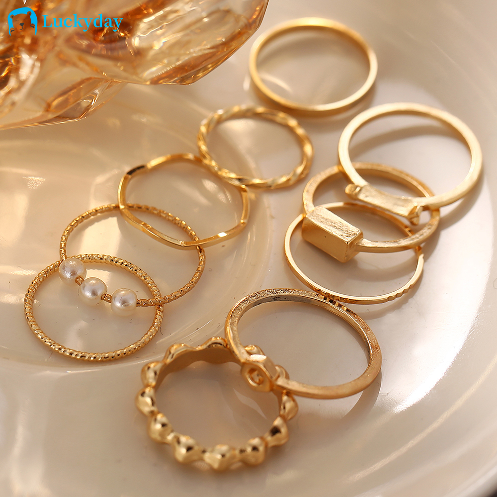 YEEZII 10pcs / Set Cincin Desain Gelombang Warna Emas Aksen Berlian Gaya Vintage Untuk Wanita