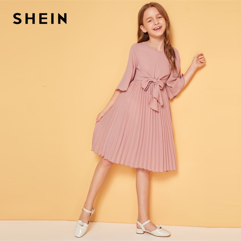 Jual Gaun Anak SHEIN Kiddie Solid Tie Front Pleated Girls Cute Dress Kids 2019 Summer Flounce Sleeve A | Shopee Indonesia