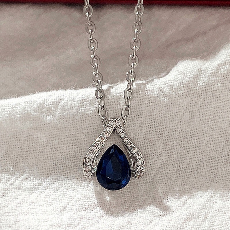 Kalung Leher Lapis Silver Hias Cubic Zirconia Biru Gaya Modern Untuk Wanita