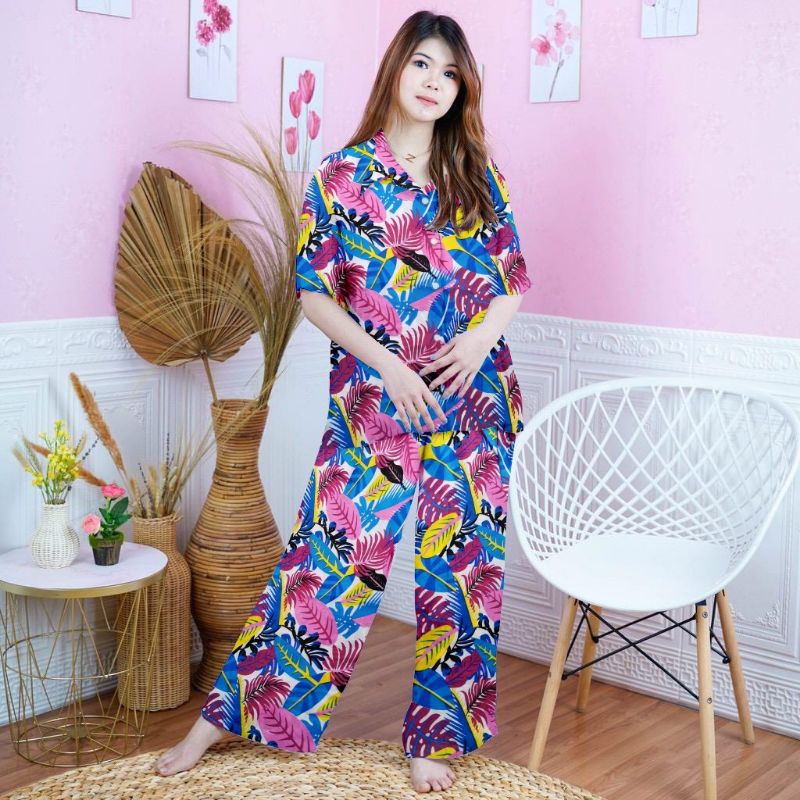 daily set/baju tidur setelan/setelan wanita kekinian/setelan katun termurah-Cp kem daun tosca