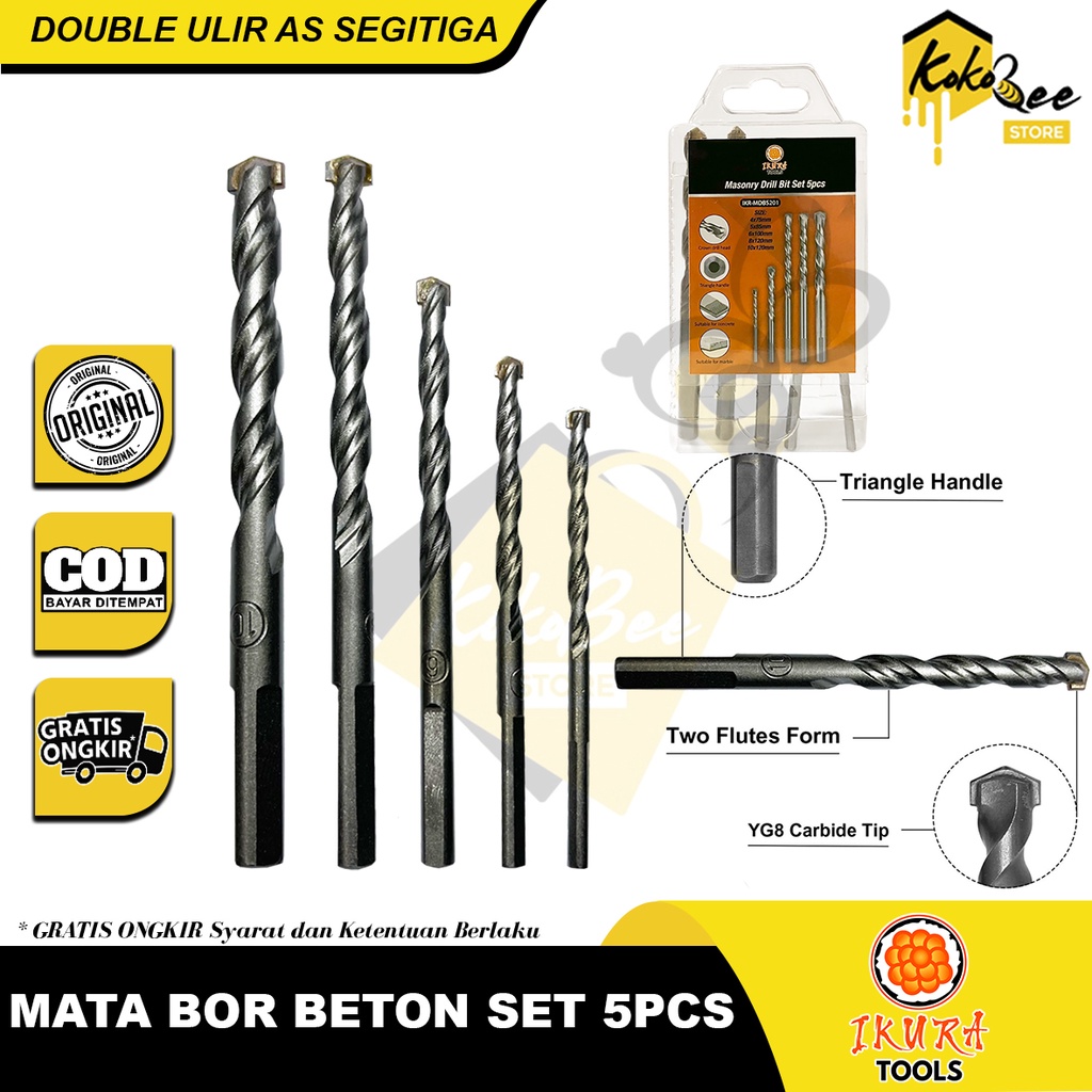 Mata bor beton tembok model SDS PLUS set 5pcs masonry mesin bor biasa bisa pakai double ulir as segi