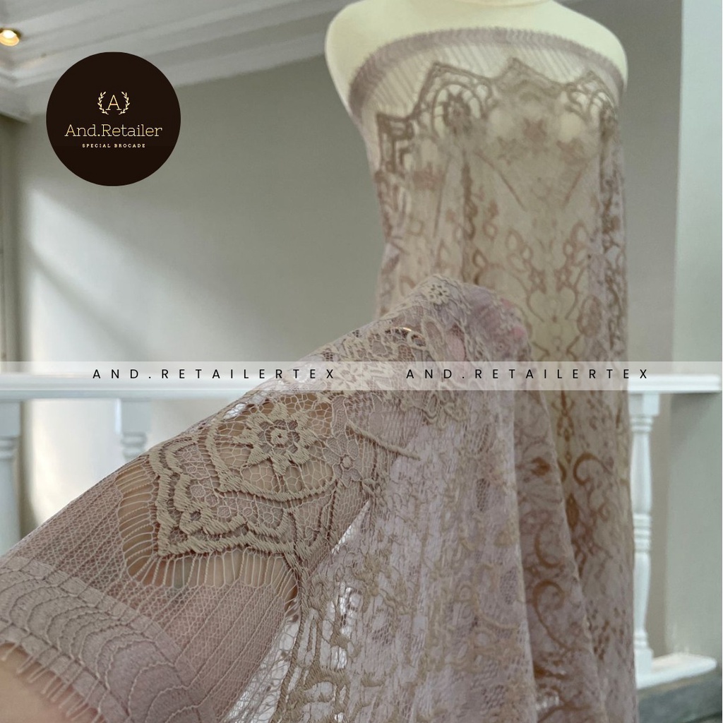 Bahan Kebaya Brokat Semi France Lace Chantily Shantily Katun Per panel 2,5m Warna Rossy Brown