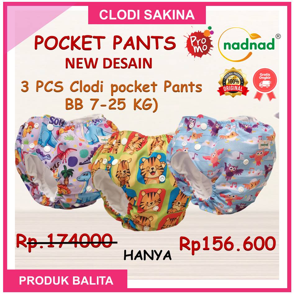 Promo Paket Murah Clodi Pocket Pants 3 Pcs Popok Kain Cuci Ulang BB 7-25 kg