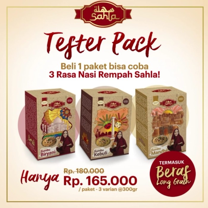 

Tester Pack Sahla berisi 3 varian nasi Kebuli Biryani Mandhi