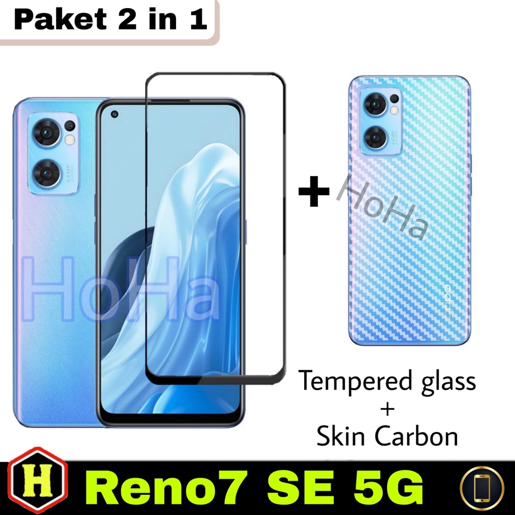 New Paket 2N1 OPPO RENO 7 SE 5G Anti Gores Layar Warna Free Garskin Carbon Pelindung Body Bellakang Handphone | RENO7 SE 5G