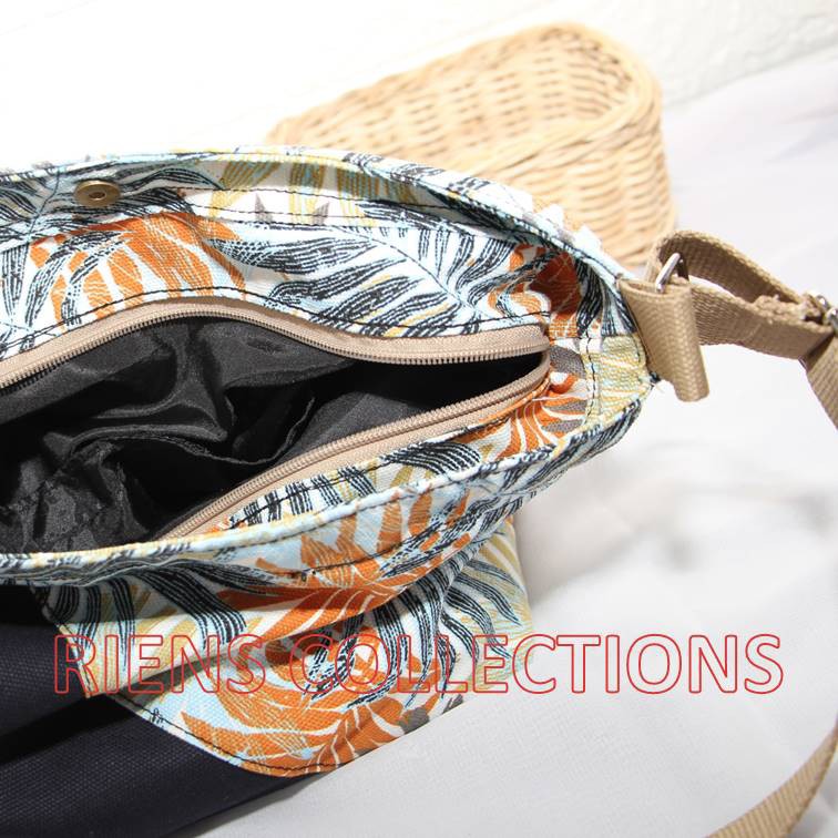 RIENS COLLECTIONS. TAS SELEMPANG SLING BAG KANVAS KOMBINASI FLORAL PALM ORANGE SLC0102