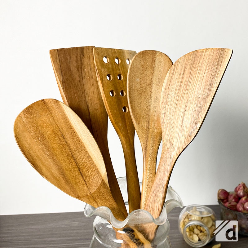 DADALALA Spatula Kayu Jati (1 Set 5 Pcs) Isi Sodet, Sendok Sayur, Centong Nasi dan Sutil Lubang