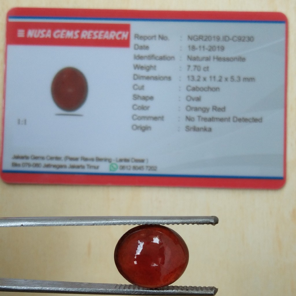 Natural Hessonite Permata Red Garnet 7.70cr + memo