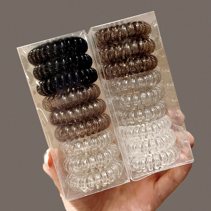 9pcs / set Ikat Rambut Elastis Model Kabel Telepon Gaya Korea Untuk Wanita