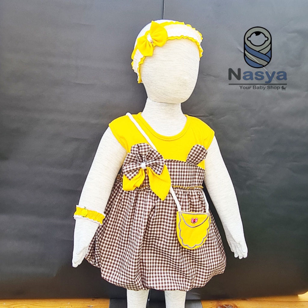 [P-044B] Dress Bayi Anak Lucu Usia 0-6 Bulan Full Set Bandana, Gelang dan Tas