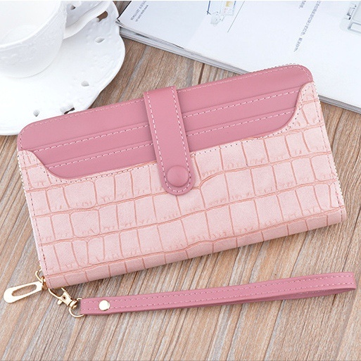 DOMPET PANJANG WANITA KOREA PREMIUM IMPORT TALI PENDEK KULIT PINK CROCO WHELMA WA541P3 SLOT KARTU UANG KOIN RESLETING FASHION CEWEK MURAH BATAM BRANDED