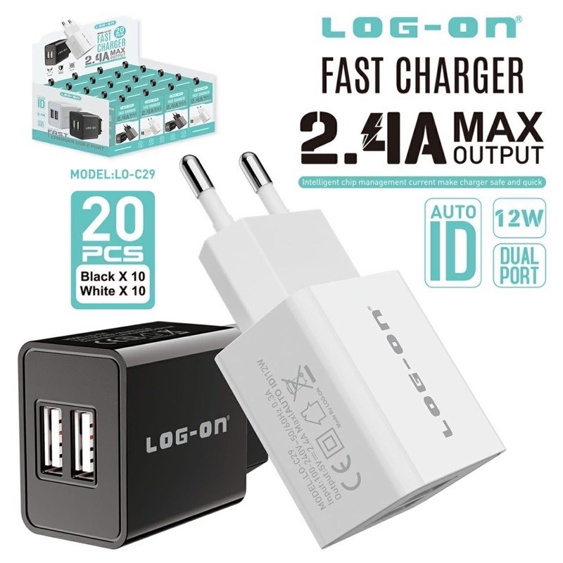 Batok Charger LOG-ON 2.4A / Adaptor Charger FAST CHARGING 2 Usb Log on LO-C29