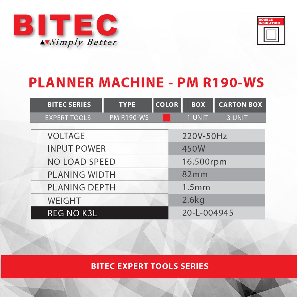 BITEC - MESIN SERUT KAYU LISTRIK EXPERT 450W /PLANNER MACHINE - PMR190-WS - GARANSI RESMI 1 TAHUN