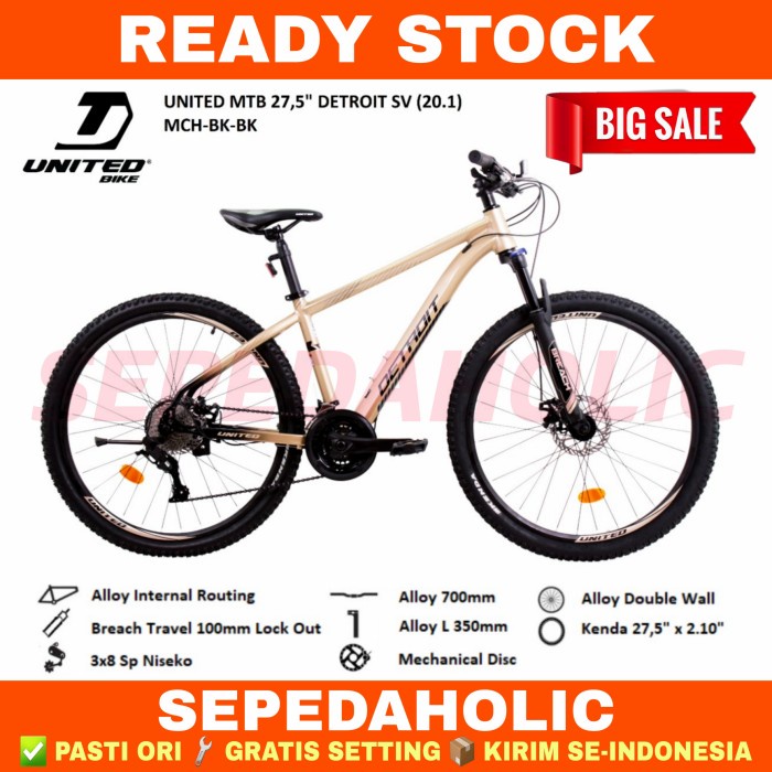 Sepeda Gunung 27.5 Inch MTB UNITED DETROIT SV Alloy 3x8 Speed Cakram - MCH-BK-BK, 27.5"