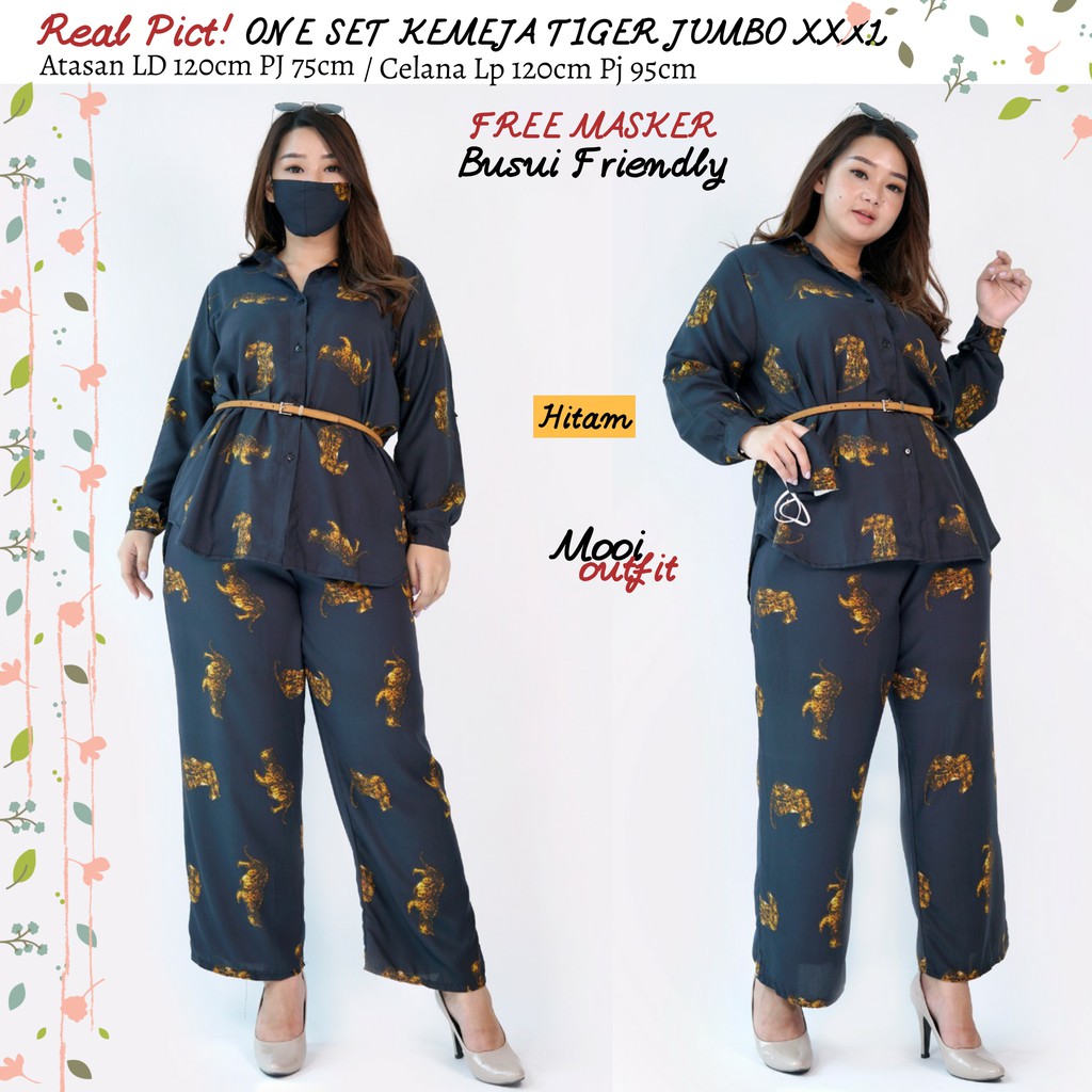 Mooi Outfit - Stelan Kemeja Jumbo Tiger Free Masker Setelan Jumbo Wanita