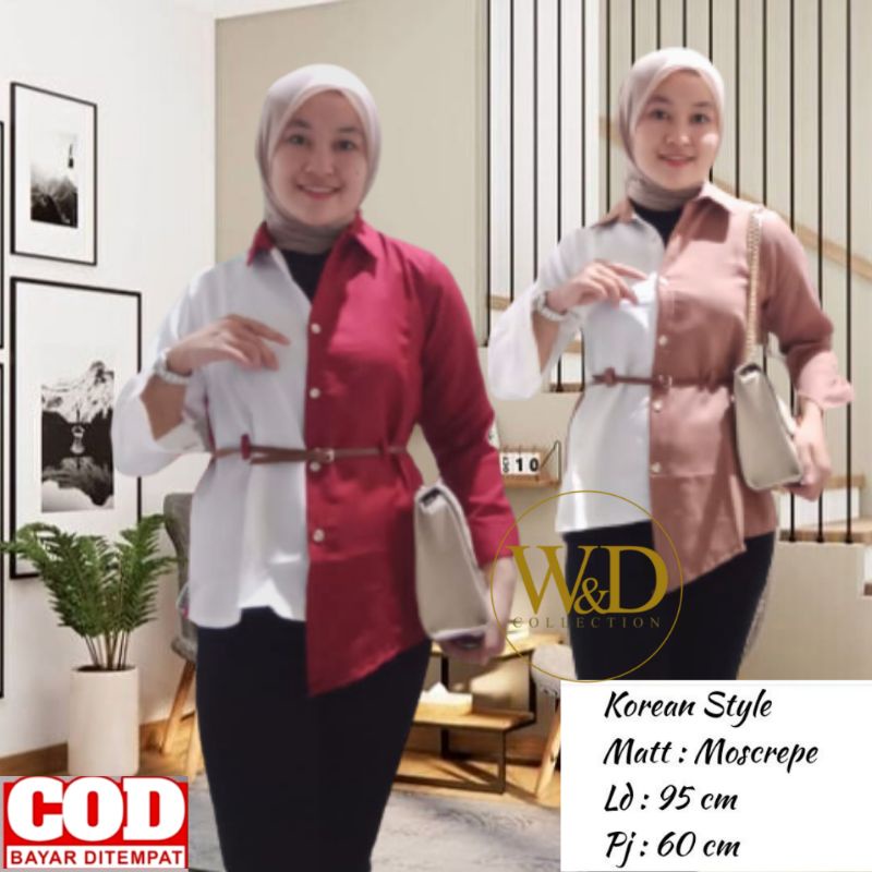 Kemeja Wanita Atasan Blouse Casual Polos Kombinasi 2 Warna Lengan Panjang Model Gesper Bahan Moscrepe