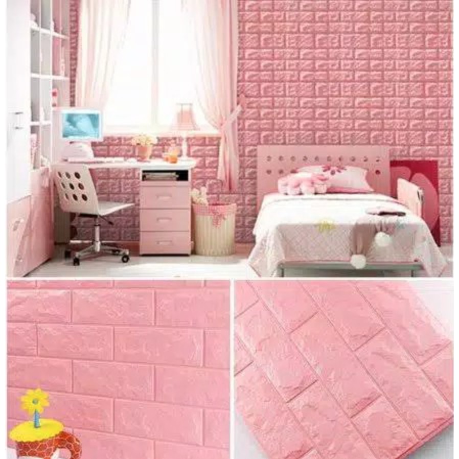 TOKOJUJUR WALLPAPER DINDING 70x38.5cm KAMAR TIDUR RUANG TAMU 3D FOAM BATU BATA WALPAPER HIASAN DINDING POLOS STIKER STICKER WALLBORDER WALL BORDER PEMBATAS-PINK MUDA 70X38.5