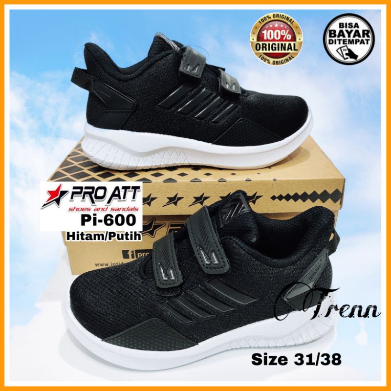 PRO ATT Pi 600 Velcro Perekat Tempel Asli Original Sepatu Sekolah Anak Laki Laki Perempuan Tk Sd  Hitam Putih - Black White