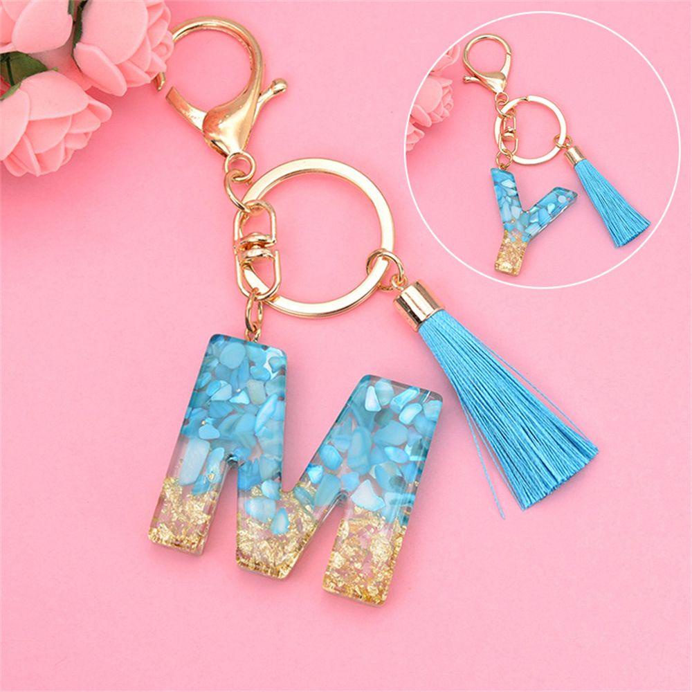 NEEDWAY 26huruf Gantungan Kunci Resin Fashion Biru Rumbai Liontin Ornamen Perhiasan Kristal Alfabet Key Chain