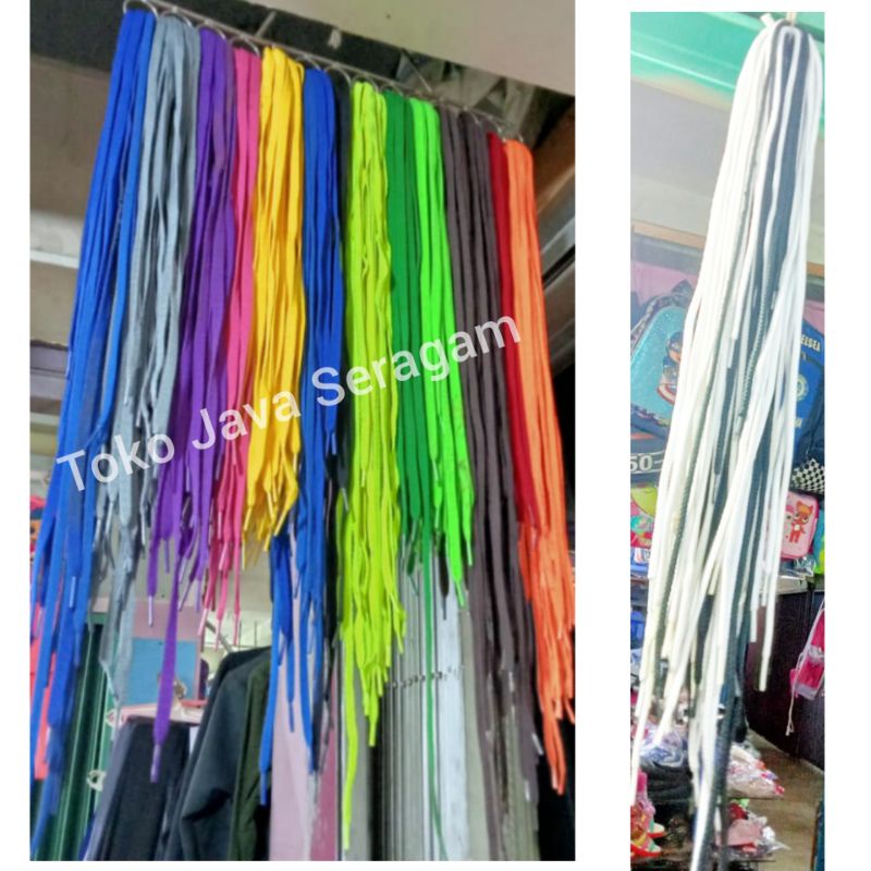 Tali Sepatu Model Gepeng Bulat Warna Putih Hitam Abu Ungu Pink Kuning Biru Hijau Cokelat Merah Orany