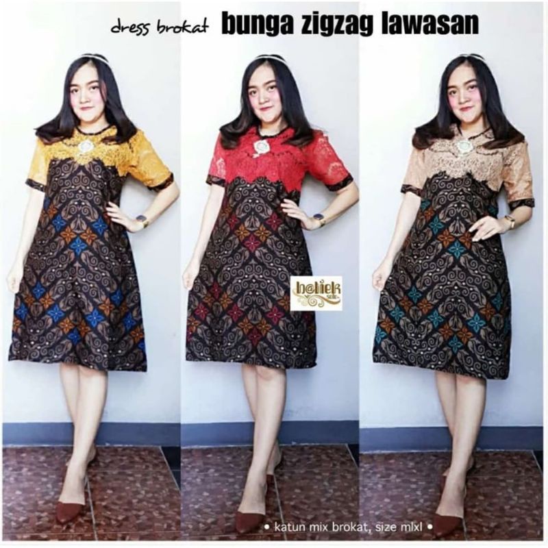 (COD) Dress Brokat Bunga Zigzag Lawasan BestSeller Seragam Batik Kantoran Baju Kondangan dress batik-2