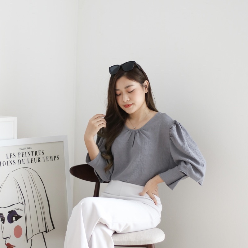 MSMO Denise Blouse Puffy Sleeve / Atasan Wanita / Blouse Wanita / Kaos Wanita / Top Wanita / Blouse Wanita-Grey