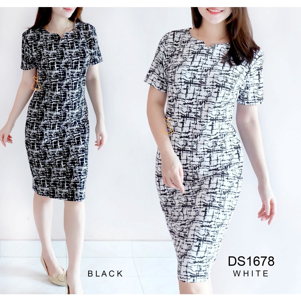 DS1678 - Dress Midi Wanita Basic Scuba Stretch Sepan Bodycon Slim Casual Look