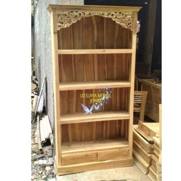 Rak buku model ukir lemari almari tempat buku rak pajangan kayu jati ukr jepara belum fhinising