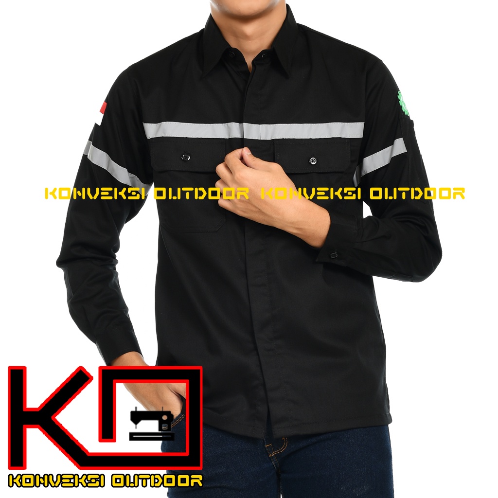 BAJU KEMEJA SERAGAM ATASAN WEARPACK SAFETY K3 TAMBANG PROYEK LENGAN PANJANG - Kemeja Kerja Pria Lapangan Lengan Panjang Proyek Bangunan Tambang Infrastruktur PLN Enginer Instalasi Mesin werpek sefti Scotlet Warna Hitam Konveksi Outdoor