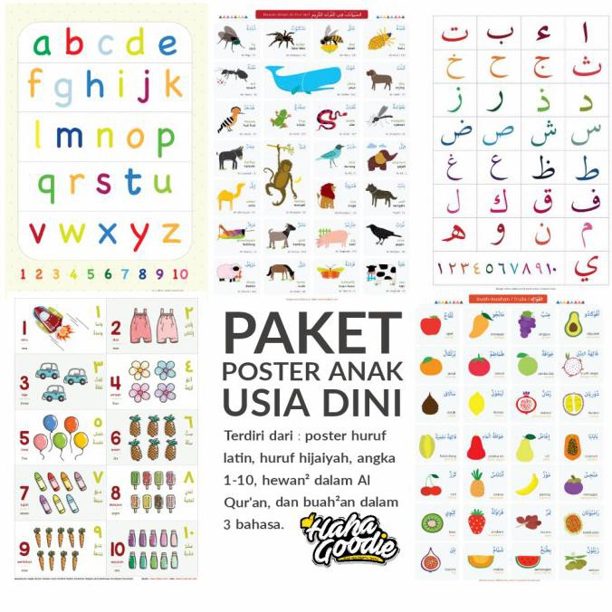 PAKET POSTER EDUKASI ANAK BELAJAR HURUF ANGKA BUAH HEWAN HIJAIYAH