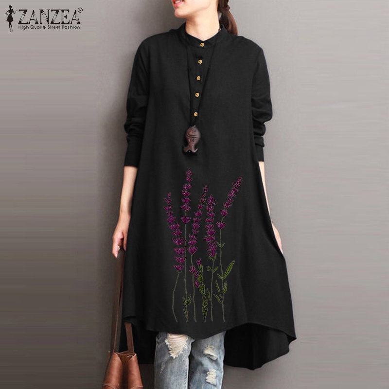 ZANZEA Women Button-Front Long Sleeve Embroidery Irregularity Hem Blouse