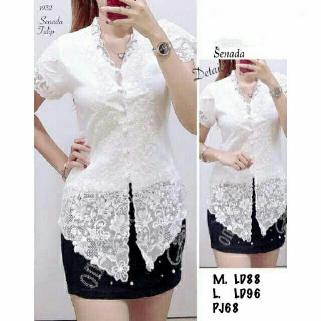 Dores Atasan Kebaya Encim Modern Lengan Pendek Tulip Kombinasi Brukat Bordir - Putih Polos, M