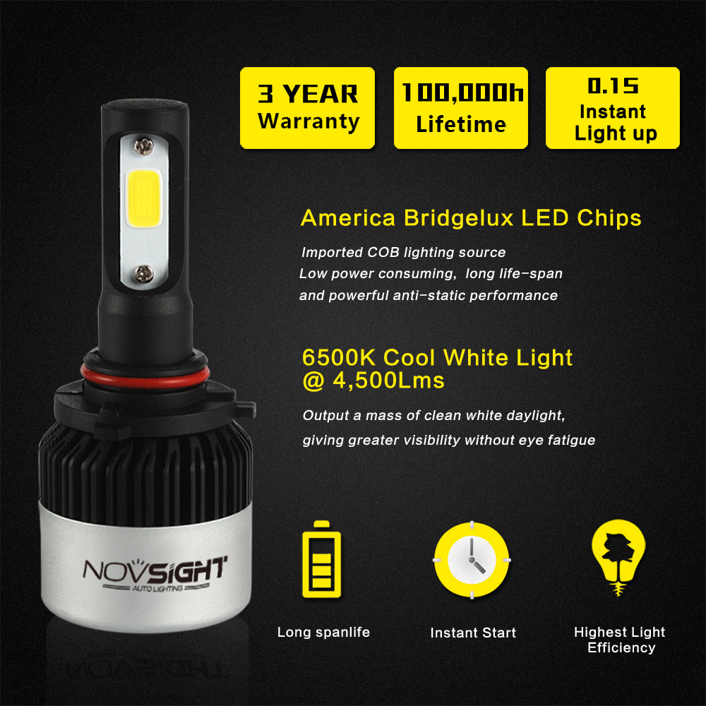 NOVSIGHT A500-S2 LED Headlight Bulbs /H4/H7 LED Super Bright Fog Light 9000LM 72W 3 Years Warranty