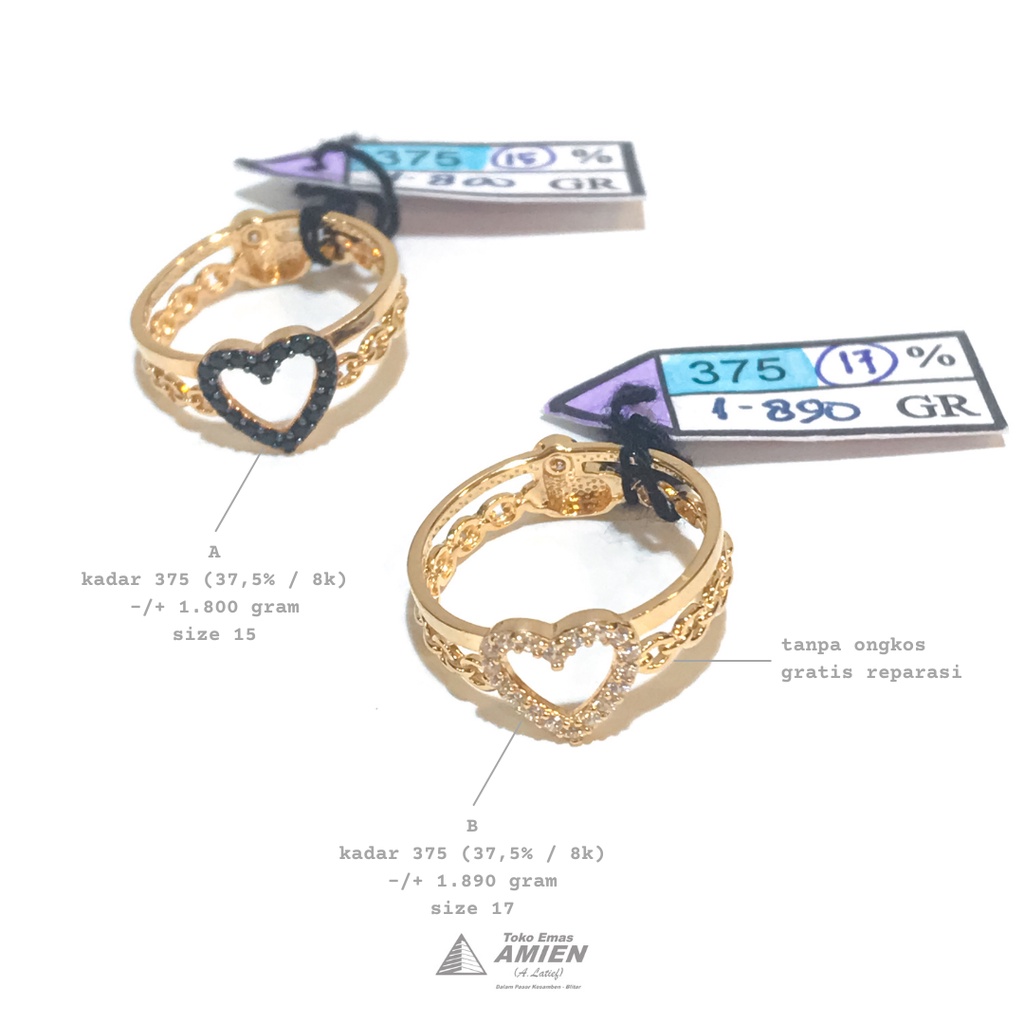Toko Emas Amien Cincin Emas Asli UBS Kadar 375 (37,5% / 8K) 1.800 gram - Two Ways Look Love Permata 