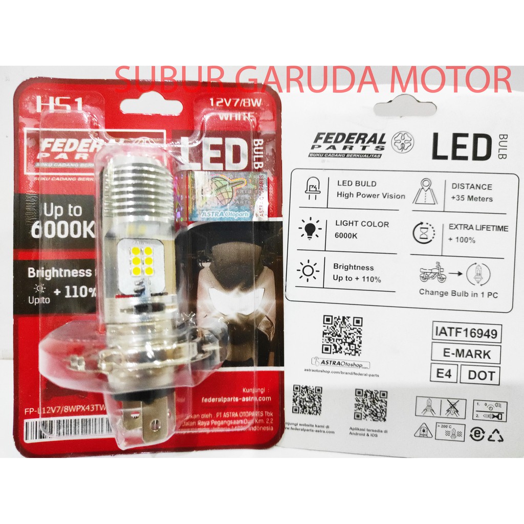 LAMPU LED 6 TITIK MATA 6000 KELVIN 7-8 WATT ARUS DC MERK FEDERAL VIXION CB 150 R VERZA KLX BYSON TIP