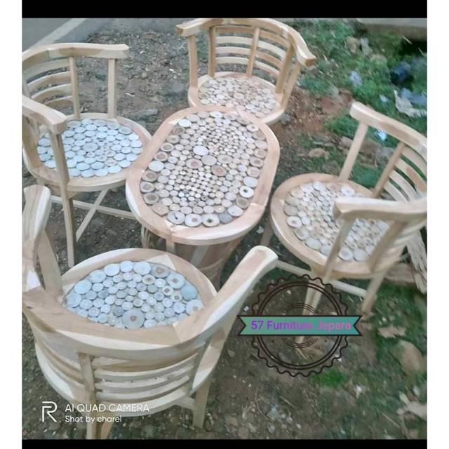 Meja kursi teras tamu model koin kayu jati mentah
